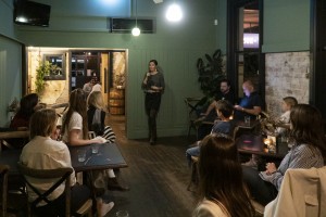 host Alex welcomes crowd at The Criterion